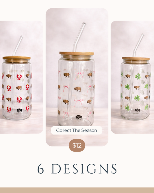 16oz Signature Glass Tumblers – Lid, Straw & Seasonal Designs